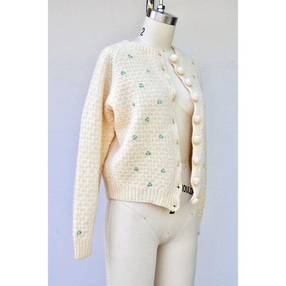 50s WOOL Floral Embroidered Cardigan GORGEOUs Little Bue Flowers Chunky XS - S - Picture 7 of 10